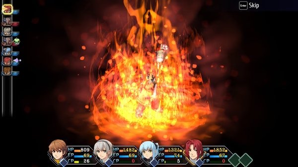 Screenshot from The Legend of Heroes: Trails from Zero showing characters engulfed in a fiery explosion during a battle.