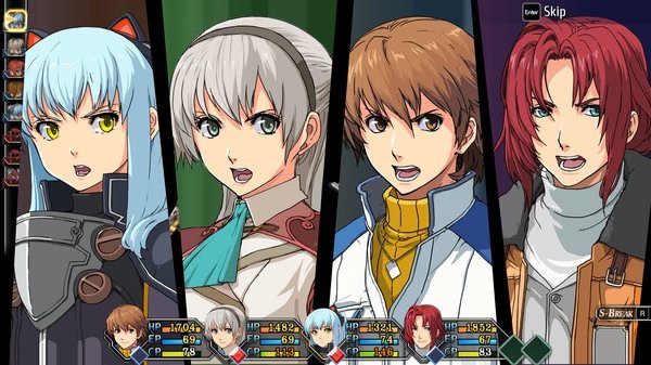 Screenshot from The Legend of Heroes: Trails from Zero showing four main characters with health and magic stats displayed below.