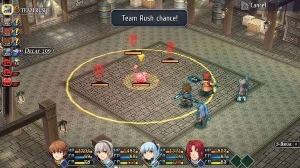 Screenshot from The Legend of Heroes: Trails from Zero showing a Team Rush battle with party members and enemy markers in a circular arena.