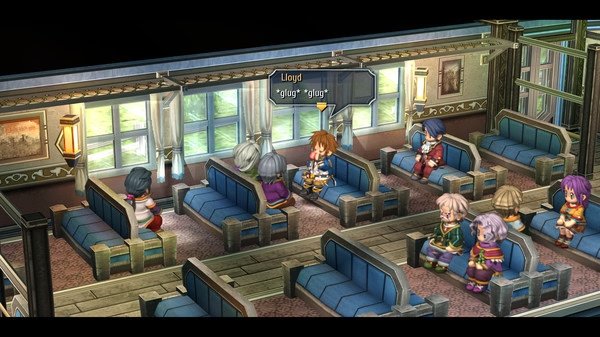 Screenshot from The Legend of Heroes: Trails from Zero showing characters seated in a train car, with Lloyd speaking.
