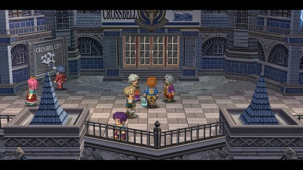 Screenshot from "The Legend of Heroes: Trails from Zero" showing characters standing in front of the Crossbell City entrance.