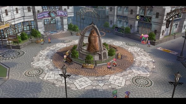 A screenshot from The Legend of Heroes: Trails from Zero showing a bustling plaza with a central bell monument surrounded by shops.