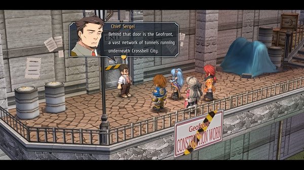 A screenshot from "The Legend of Heroes: Trails from Zero" showing characters talking to Chief Sergei in an industrial area.