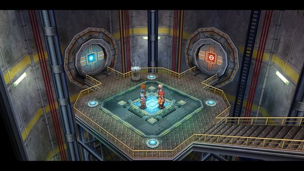 Screenshot from The Legend of Heroes: Trails from Zero showing two characters standing on a platform inside a futuristic facility.