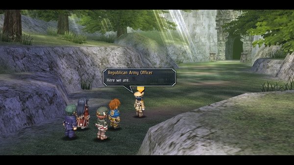 Screenshot from The Legend of Heroes: Trails to Azure showing characters near a forest path leading to a stone archway.