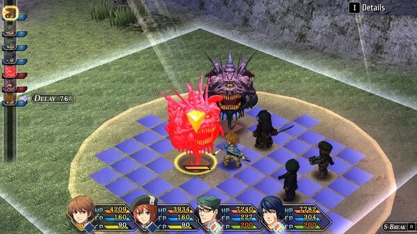 A screenshot from The Legend of Heroes: Trails to Azure showing characters in a grid-based battle against two monster enemies.