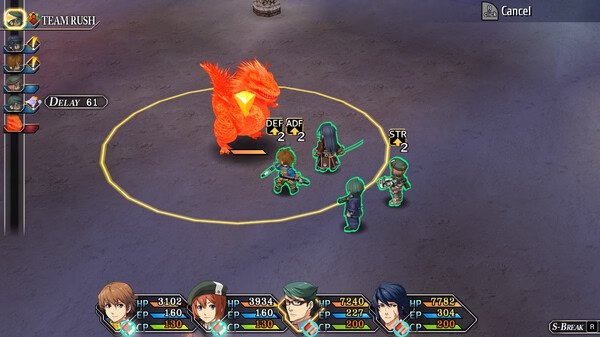 Screenshot from The Legend of Heroes: Trails to Azure showing a party of characters battling a fiery monster in a circular arena.