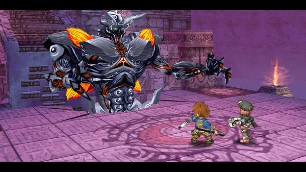 A screenshot from The Legend of Heroes: Trails to Azure showing two characters facing a large armored creature in a dungeon.