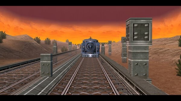 Screenshot from "The Legend of Heroes: Trails to Azure" showing a train on a metal bridge at sunset with an orange sky in the background.