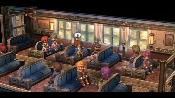 Screenshot from The Legend of Heroes: Trails to Azure shows characters seated in a train car with an exclamation mark above one.
