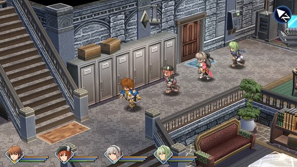 Screenshot of The Legend of Heroes: Trails to Azure showing characters exploring a building with lockers, stairs, and furniture visible.