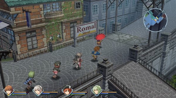 Screenshot from The Legend of Heroes: Trails to Azure shows characters walking down Romal Street with a mini-map in the corner.
