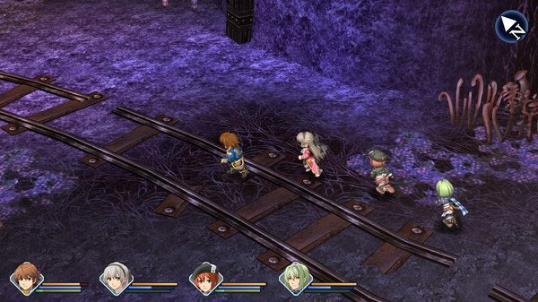 A screenshot from The Legend of Heroes: Trails to Azure showing four characters walking on a wooden track in a dark, eerie area.