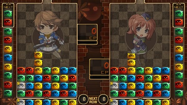 A screenshot from "The Legend of Heroes: Trails to Azure" showing two characters in a puzzle mini-game with colorful blocks.