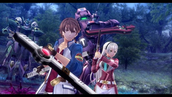Screenshot from The Legend of Heroes: Trails of Cold Steel IV showing characters with weapons and mechs in a forest setting.