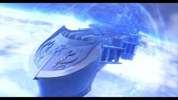 A screenshot from The Legend of Heroes: Trails of Cold Steel IV showing a large airship surrounded by glowing blue energy in the sky.
