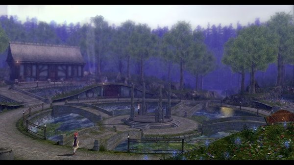 Screenshot from The Legend of Heroes: Trails of Cold Steel IV showing a character walking near a circular fountain in a peaceful forest setting.