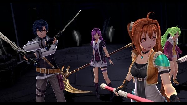 Screenshot from The Legend of Heroes: Trails of Cold Steel IV showing four characters with weapons ready in a dark setting.