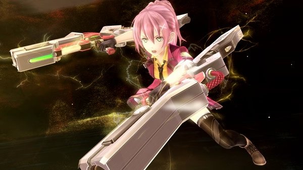 Screenshot from The Legend of Heroes: Trails of Cold Steel IV showing a character wielding futuristic weapons in a dynamic pose.