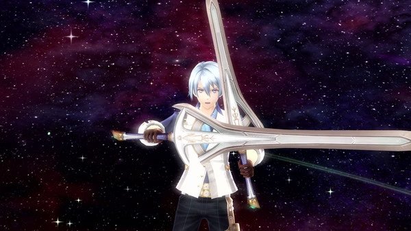 A screenshot from The Legend of Heroes: Trails of Cold Steel IV showing a character wielding glowing twin swords against a starry backdrop.