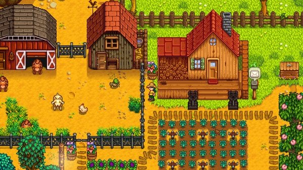 A Stardew Valley screenshot showing a farm with crops, a barn, animals, and a character standing near a wooden house.
