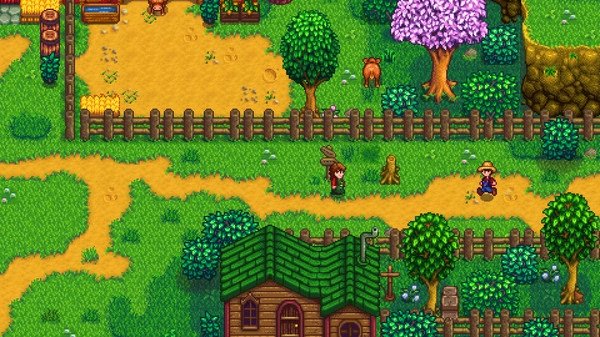 Stardew Valley screenshot showing a character farming outside a cottage, with trees, a cow, and a path leading through the farm.
