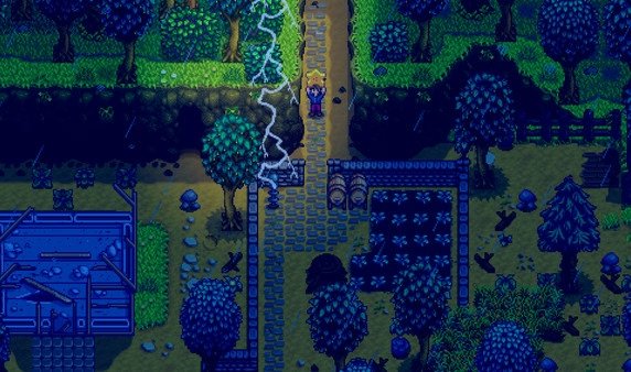 Stardew Valley screenshot: A character stands on a path during a thunderstorm at night, surrounded by trees and crops.
