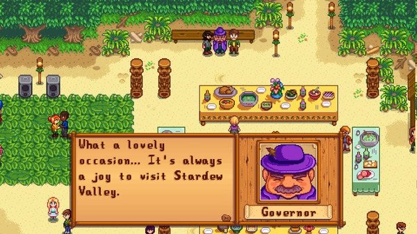 Stardew Valley screenshot: Characters gather at a festive outdoor event with tables of food and drinks, featuring a dialogue with the Governor.