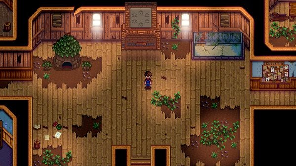 Stardew Valley screenshot: Player stands in a dilapidated community center room with wooden floors, overgrown plants, and scattered debris.