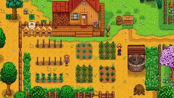 Stardew Valley screenshot: A farm with crops, a wooden farmhouse, a well, and two farmers working in the vibrant garden.