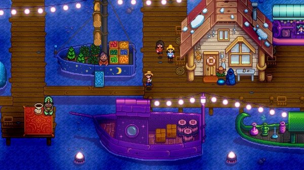 Stardew Valley screenshot: A festive night market on a pier with colorful boats, string lights, and characters wandering around.