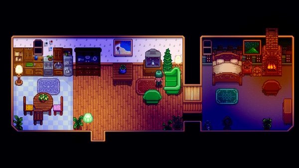 Stardew Valley screenshot: A cozy, decorated house interior with a kitchen, living area, and bedroom, featuring a character by the TV.
