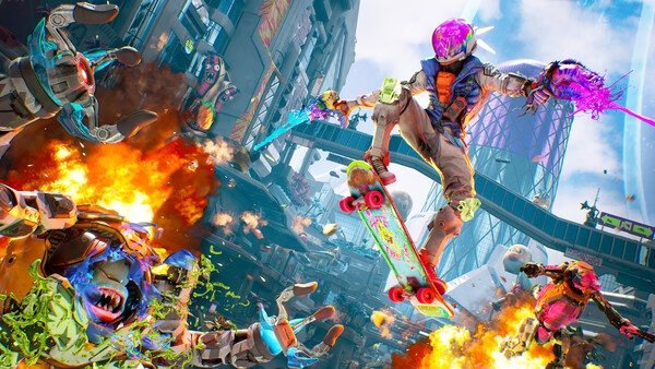 A vibrant screenshot from High On Life 2 shows a character skateboarding mid-air, firing weapons amidst explosions and alien chaos.