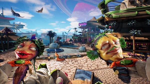 Screenshot from High On Life 2 showing a vibrant alien world with colorful structures and a large, animated fish character.