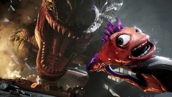 Screenshot from High On Life 2 showing a colorful, animated fish character with wide eyes in front of a large, menacing creature.