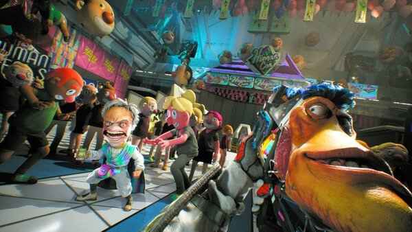 Screenshot from High On Life 2 showing a colorful alien character aiming a weapon amidst a crowd in a lively, vibrant setting.