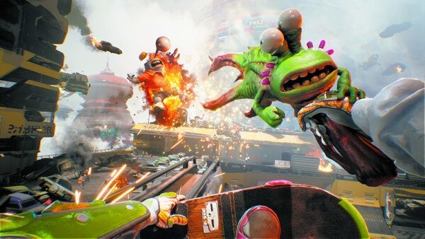 A vibrant scene from High On Life 2 screenshot showing an alien battle with futuristic weapons and explosions in the background.