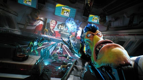 Screenshot from High On Life 2 showing an intense battle scene with alien characters in a futuristic setting.