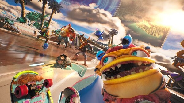 Screenshot from High On Life 2 showing vibrant aliens and characters in a dynamic outdoor scene with a skateboard.