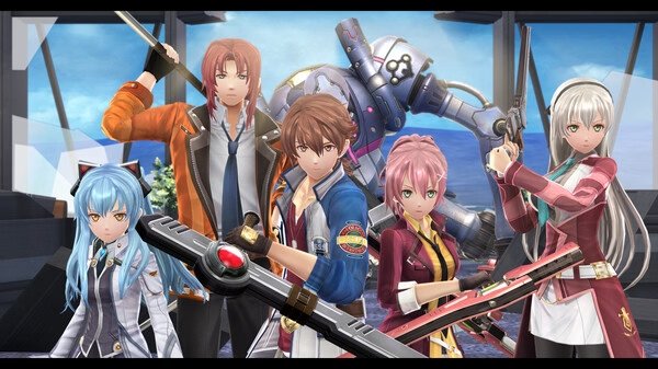 Screenshot from "The Legend of Heroes: Trails into Reverie" showing five characters in combat stances with a robot in the background.
