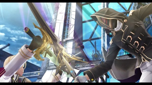 Screenshot from The Legend of Heroes: Trails into Reverie showing a dramatic sword clash between two armored characters.