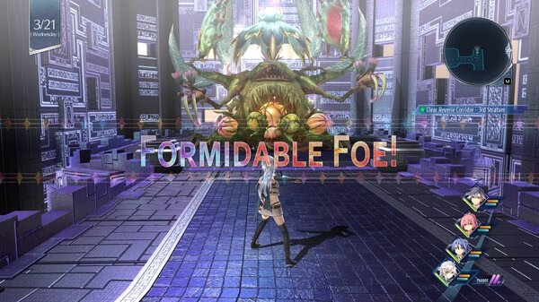 Screenshot from The Legend of Heroes: Trails into Reverie showing a character facing a giant plant-like boss in a futuristic arena.