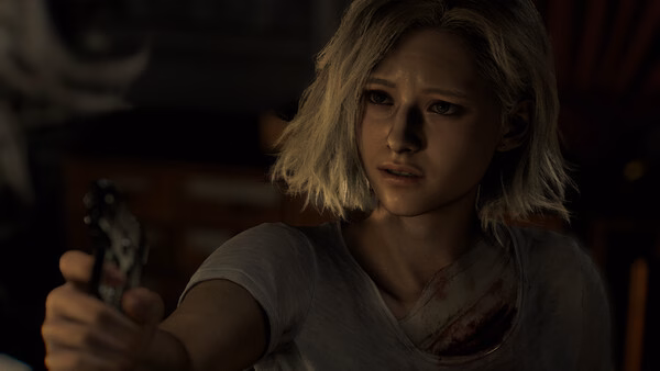 Screenshot from Resident Evil Requiem showing a character with short blonde hair holding a gun, wearing a white shirt with a bloodstain.