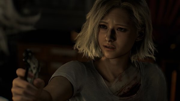Screenshot from Resident Evil Requiem showing a character with short blonde hair holding a gun, wearing a white shirt with a bloodstain.