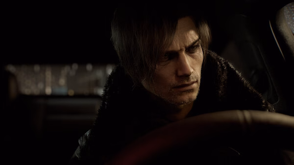 Screenshot from Resident Evil Requiem showing a character with a blurred face seated inside a dimly lit car interior.