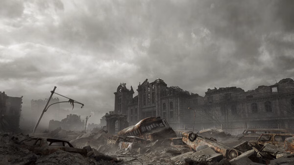 Screenshot from Resident Evil Requiem showing a desolate, ruined cityscape under a cloudy sky with abandoned vehicles and debris.