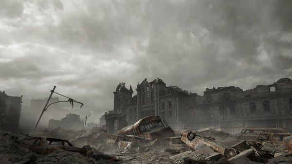 Screenshot from Resident Evil Requiem showing a desolate, ruined cityscape under a cloudy sky with abandoned vehicles and debris.