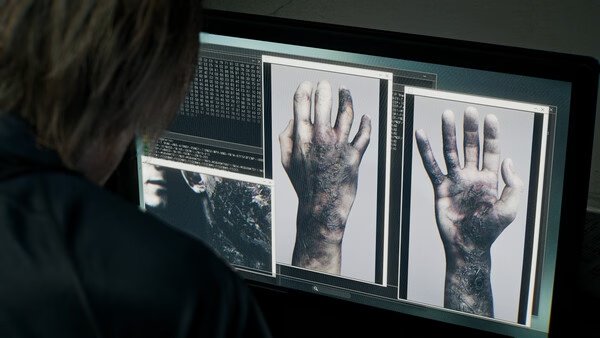 Resident Evil Requiem screenshot: A character examines a computer displaying images of infected hands with text data on the screen.
