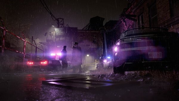 Resident Evil Requiem screenshot: Two police officers stand in the rain near parked squad cars, illuminated by red and blue lights.