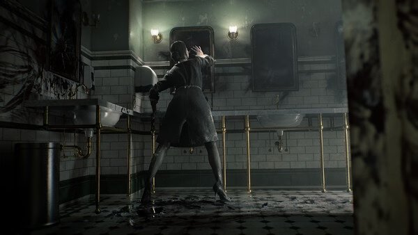 A screenshot from Resident Evil Requiem showing a figure in a dark coat bracing against a sink in a dimly lit, eerie bathroom.